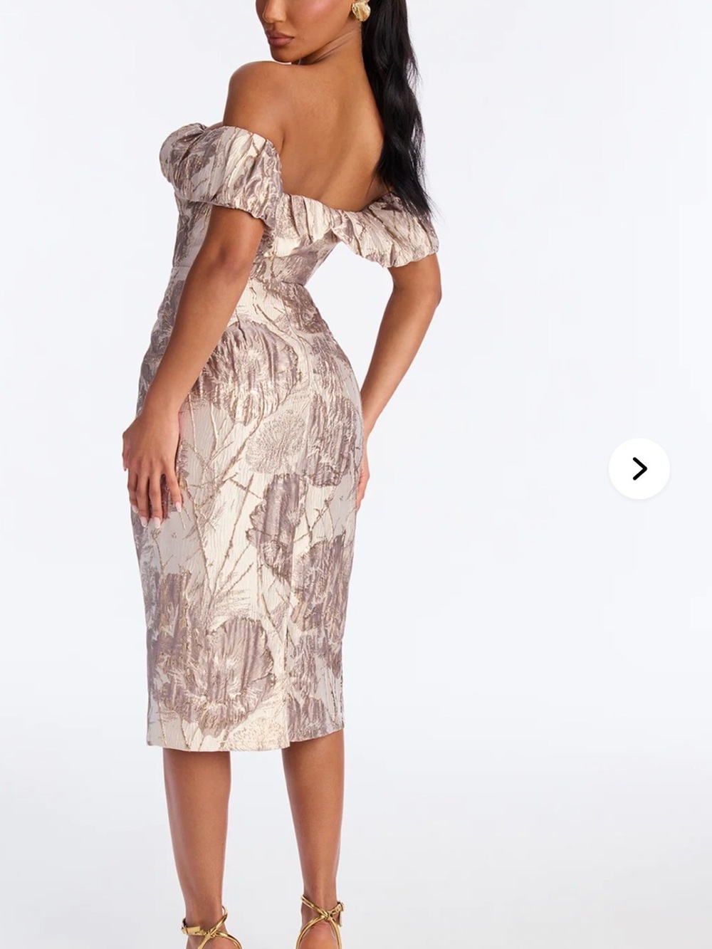 Fashion Nova Off-Shoulder Floral Jacquard Midi Dress in Champagne Taupe